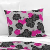 Painted Poppies Black and Fuchsia on Gray
