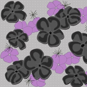 Painted Poppies Black and Lilac on Gray