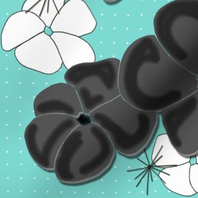 Painted Poppies Black and White on Aqua