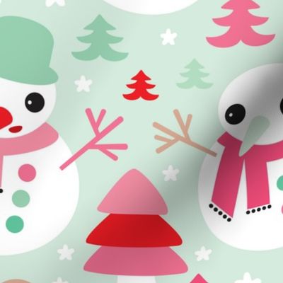 Colorful christmas theme with snowman and gingerbread man christmas trees and stars in mint and red JUMBO