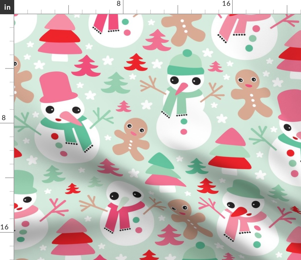 Colorful christmas theme with snowman and gingerbread man christmas trees and stars in mint and red JUMBO