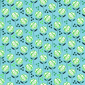 Green & White Simple Roses Pattern on Blue