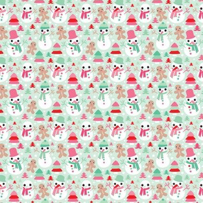 Colorful christmas theme with snowman and gingerbread man christmas trees and stars in mint and red SMALL