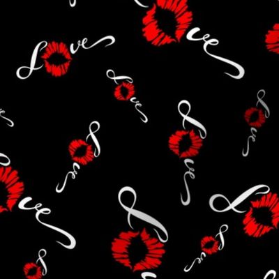 Romantic print for fabric. Love. Lettering. Kiss. Lip print. Valentine. On black background. 