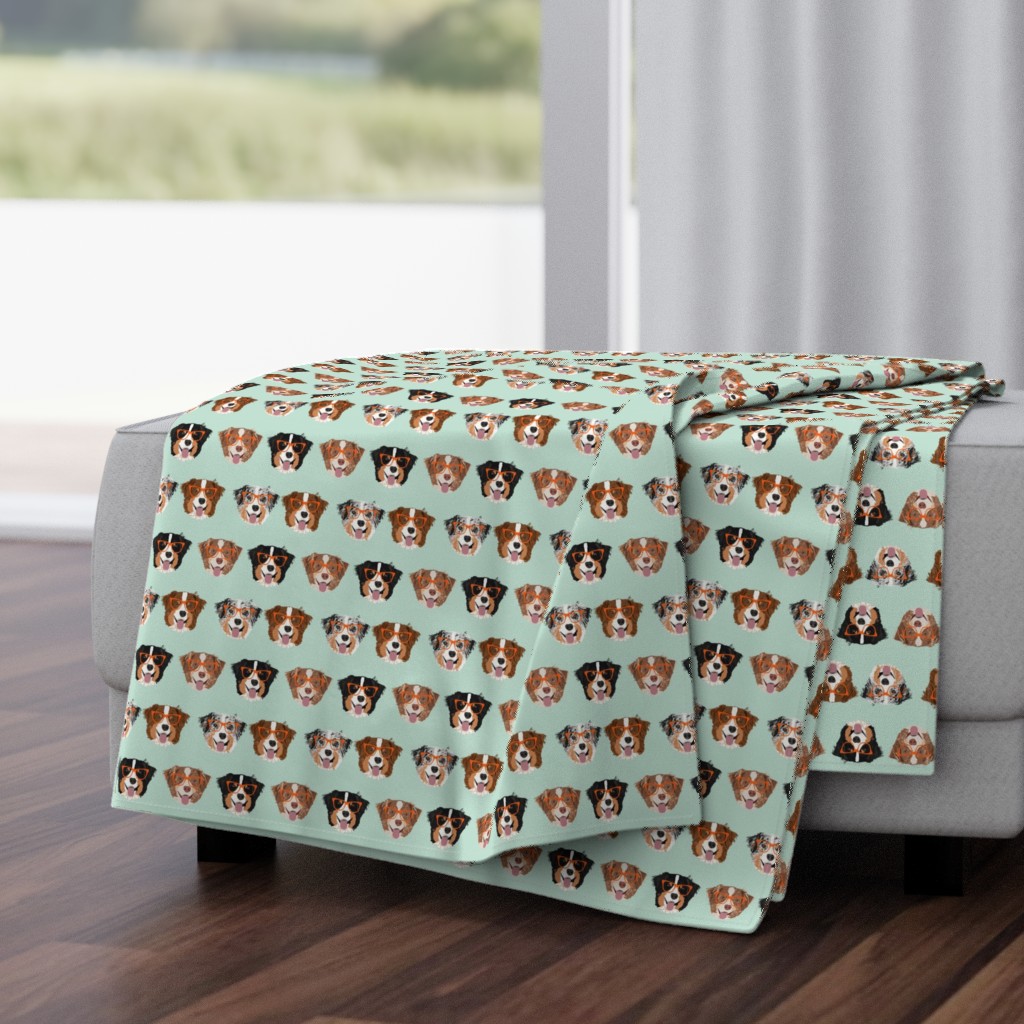 australian shepherds glasses fabric - cute dogs and glasses design - mint