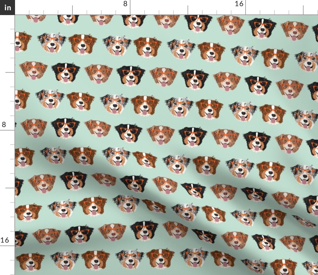 australian shepherds glasses fabric - cute dogs and glasses design - mint