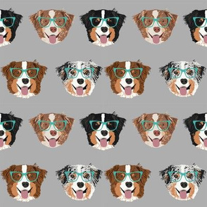 australian shepherds glasses fabric - cute dogs and glasses design - grey