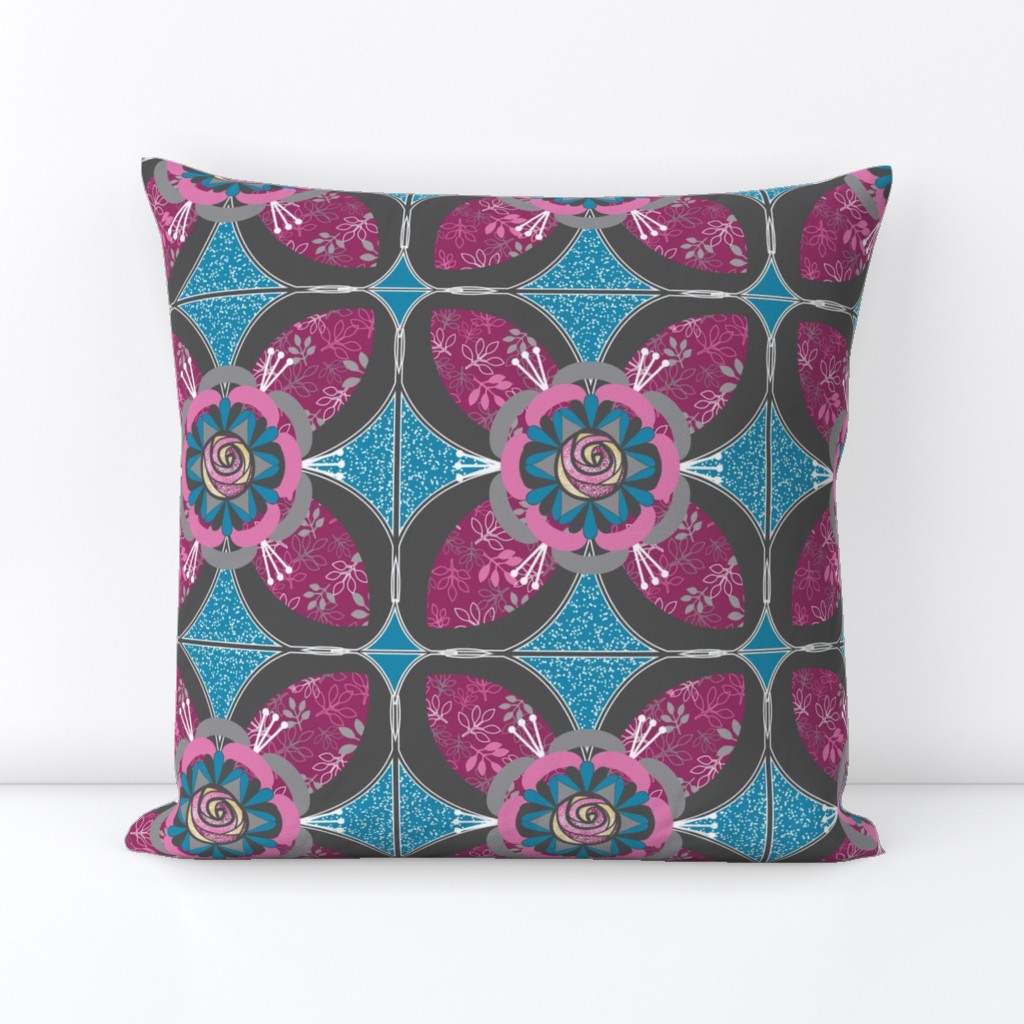 Rose Quilt Block, Fuchsia, Charcoal, Blue