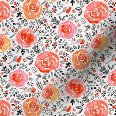 Orange, Red & Grey Watercolor Roses - Small