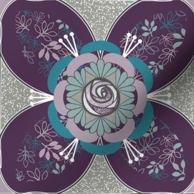 Rose Quilt Block, Purple, Gray, Teal