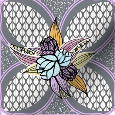 Flower Tile Quilt Squares in Purple, Aqua, Gray, Yellow