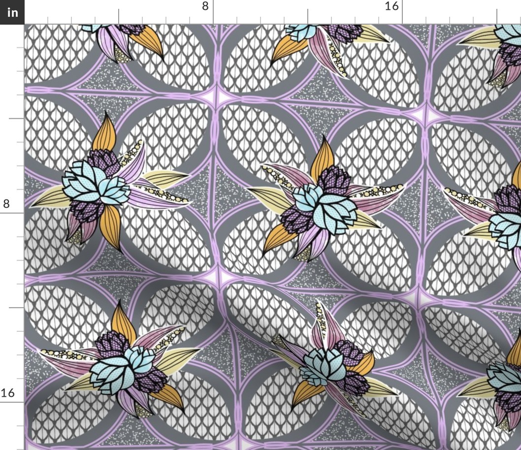 Flower Tile Quilt Squares in Purple, Aqua, Gray, Yellow