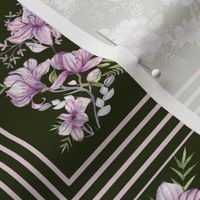 Lavender Magnolias with Stripes on Midnight Green