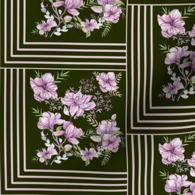 Lavender Magnolias with Stripes on Midnight Green