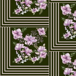 Lavender Magnolias with Stripes on Midnight Green