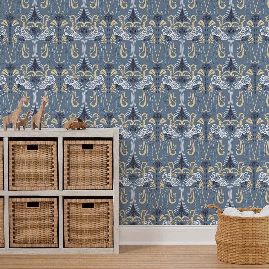 1920's Art Deco on blue grey base Wallpaper | Spoonflower