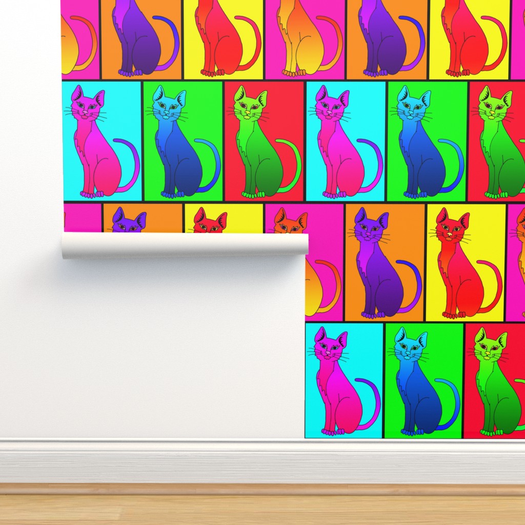 Katze, gelb, rosa, Regenbogen, rot, blau, orange, lila, grün, Pop Art,  albern, 1960er Jahre, Andy Warhol Tapete | Spoonflower
