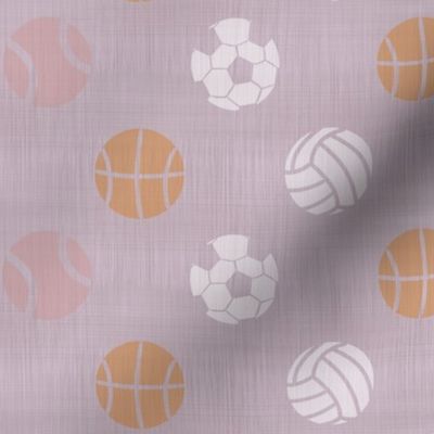 Sports balls on lavender - tennis basketball volleyball soccer football