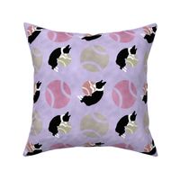 Large Boston terriers and tennis balls - purple