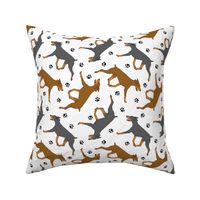 Trotting uncropped Doberman Pinschers and paw prints - white