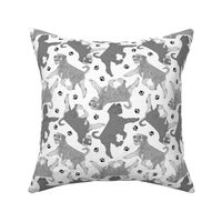 Trotting natural Standard Schnauzers and paw prints - white