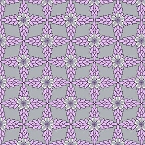 Diamond Lattice with Floral and Leaf, Gray, Purple 