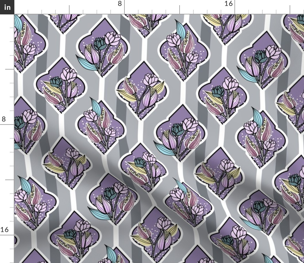 Purple, Gray, Aqua, Floral Lattice and Stripes