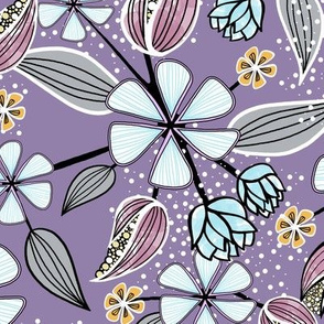 Floral Pint of Wildflowers, Leaves, and Seed Pods in Violet and Blue