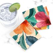 Colorful Watercolor Hibiscus on Cream - large print