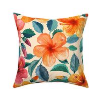 Colorful Watercolor Hibiscus on Cream - large print