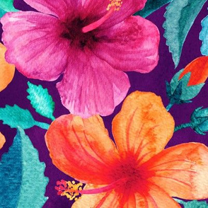 Colorful Watercolor Hibiscus on Deep Plum - large print