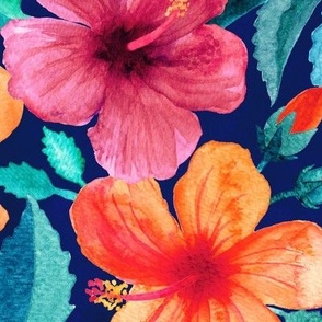 Colorful Watercolor Hibiscus on Indigo - large print