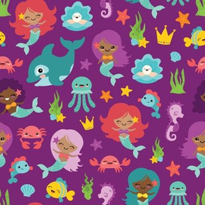 Multi-Ethnic Mermaids and Friends on Purple Background