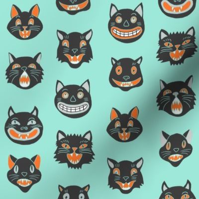 halloween cat mask // cats, cat, spooky, scary, halloween fabric, black cat fabric - bright mint