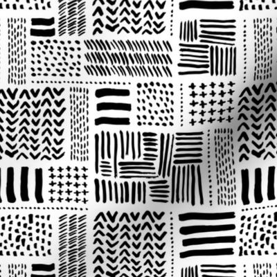 Modern minimal aztec patchwork geometric hand drawn ink shapes monochrome black and white