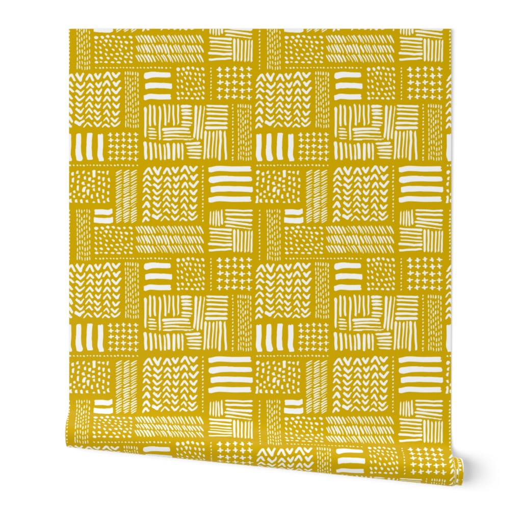 Modern minimal mudcloth aztec patchwork geometric hand drawn ink shapes ochre yellow summer