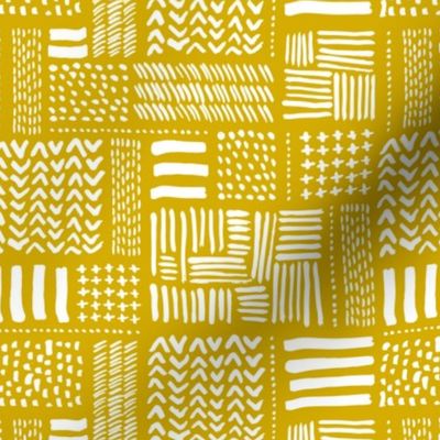 Modern minimal mudcloth aztec patchwork geometric hand drawn ink shapes ochre yellow summer