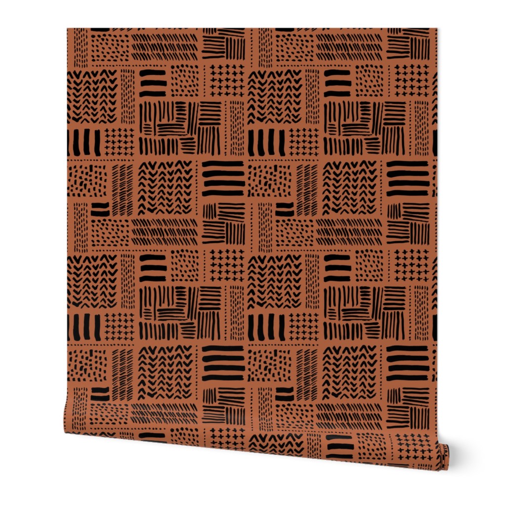 Modern minimal mudcloth aztec patchwork geometric hand drawn ink shapes copper black fall autumn