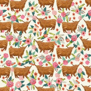 highland cattle floral fabric - cow, cows, farm, farmland, highland, cattle, florals - cream