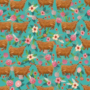 highland cattle floral fabric - cow, cows, farm, farmland, highland, cattle, florals - turquoise