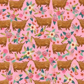 highland cattle floral fabric - cow, cows, farm, farmland, highland, cattle, florals- pink