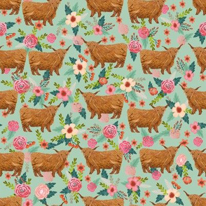 highland cattle floral fabric - cow, cows, farm, farmland, highland, cattle, florals