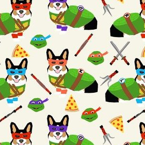 tri corgi ninja turtle - dog, dogs, cartoon, costume, halloween fabric - cream