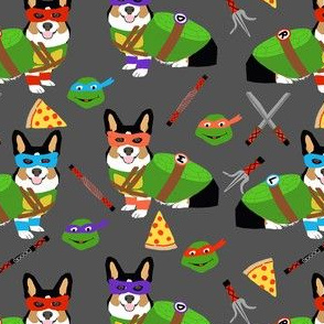 tri corgi ninja turtle - dog, dogs, cartoon, costume, halloween fabric - charcoal