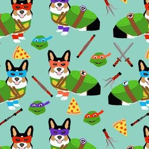 tri corgi ninja turtle - dog, dogs, cartoon, costume, halloween fabric 