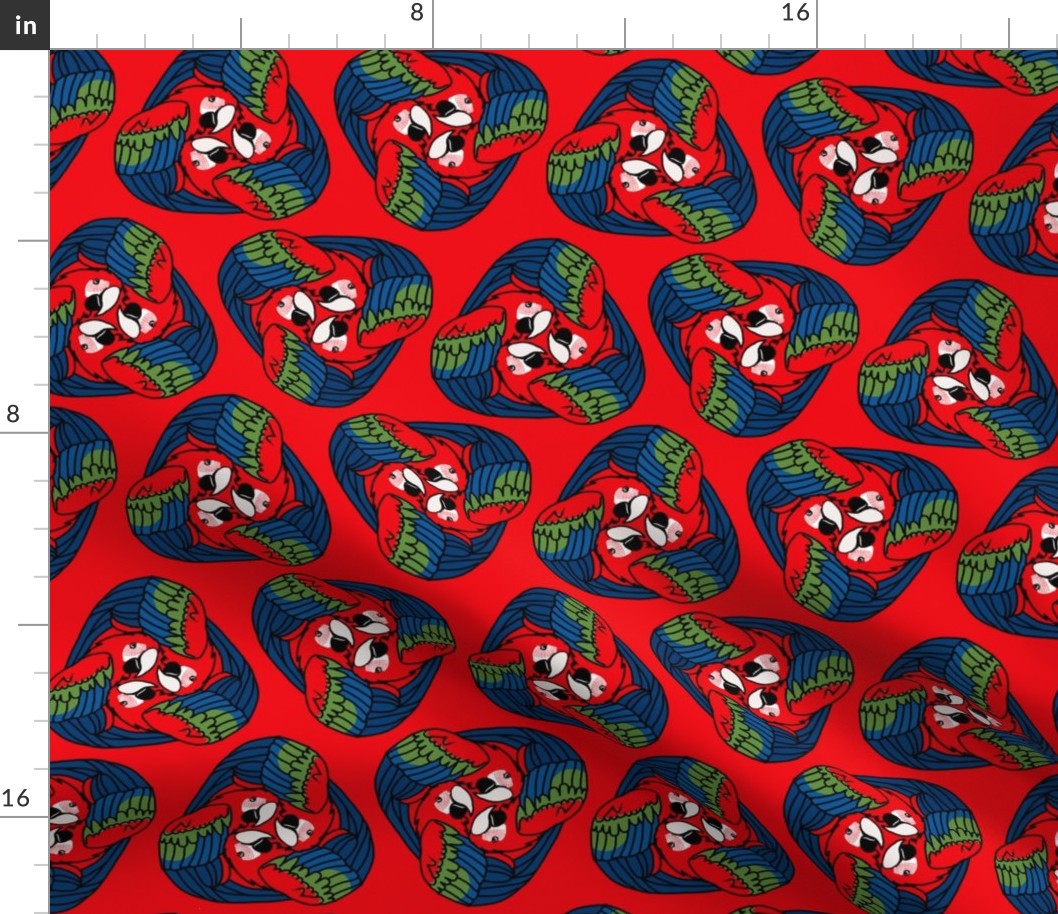 Tripartite Parrots on Red