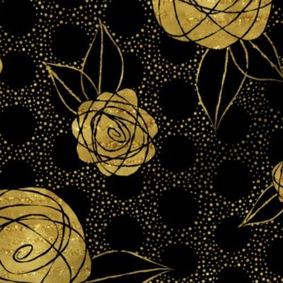 Roses on Polka Dots ~ Gold Black