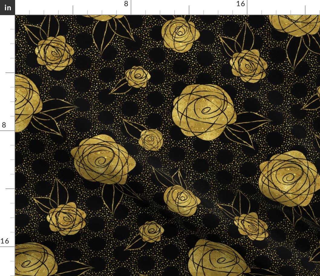 Roses on Polka Dots ~ Gold Black