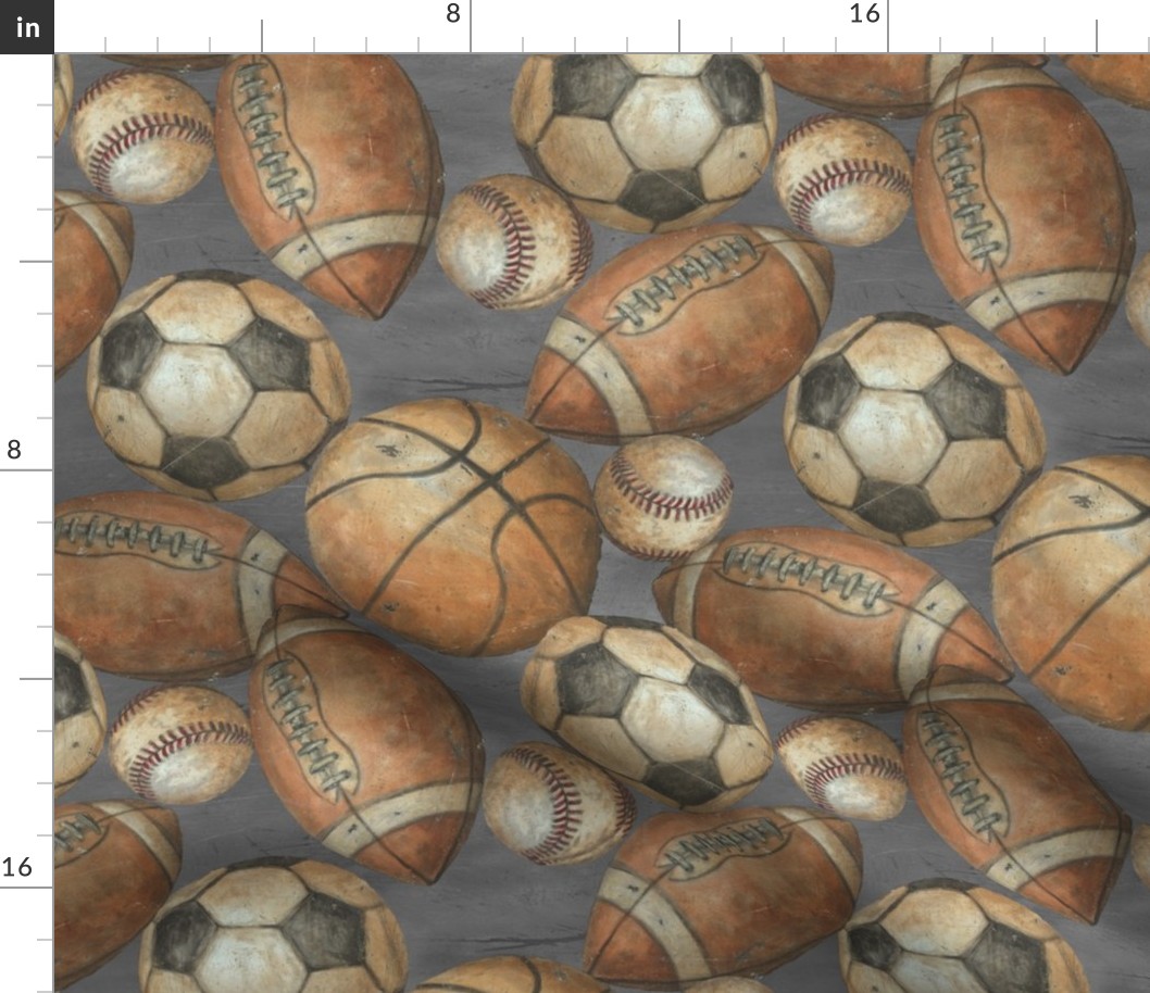 Be the Ball Sports Fabric- Baseball, Football, Soccer, Basketball on Gray