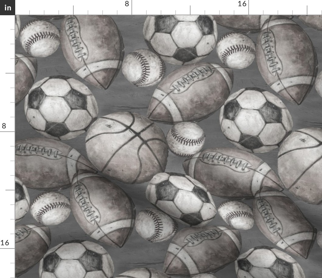 Be the Ball Sports Fabric- Soccer, Baseball, Football and Basketball Grayscale